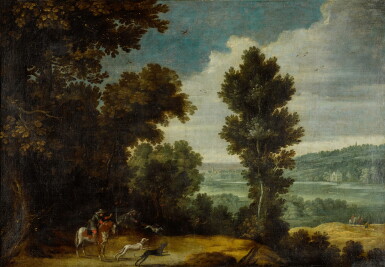 View full screen - View 1 of Lot 42. CIRCLE OF JAN WILDENS | Landscape with hunters.