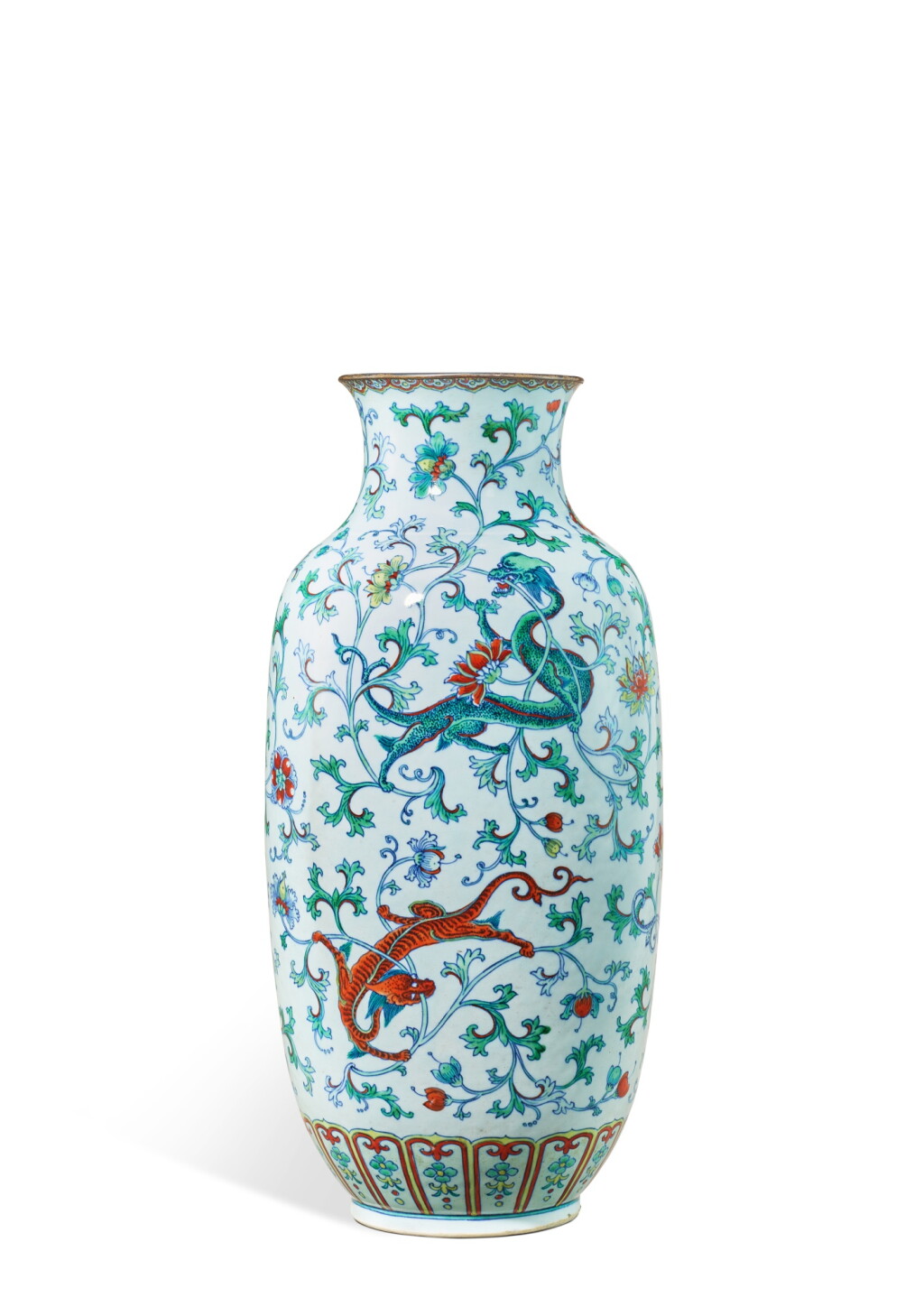 View full screen - View 1 of Lot 3695. A doucai 'chilong' vase, Qing dynasty, Kangxi period | 清康熙 闘彩穿蓮螭龍紋瓶.