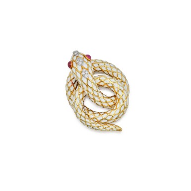 View full screen - View 1 of Lot 275. Gold, Enamel, Ruby and Diamond Brooch.