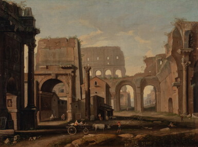 View full screen - View 1 of Lot 111. Architectural Capriccio of Rome with the Arches of Constantine and Titus, the Column of Phocas, the Colosseum, and the Basilica of Maxentius.