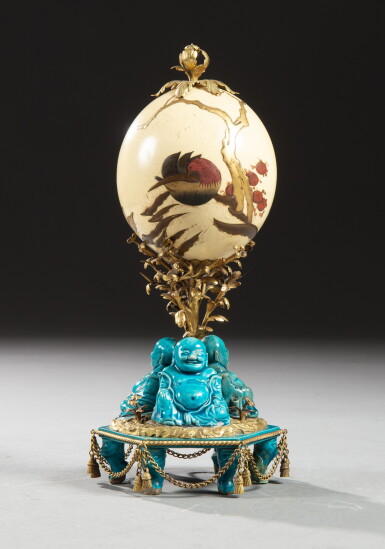 View full screen - View 1 of Lot 36. A gilt-bronze mounted blue enameled porcelain group with an ostrich egg, China and Japan, Edo period, 18th century and Louis XVI, circa 1780 | Groupe en porcelaine émaillée bleu turquoise, Chine, début XVIIIe siècle, oeuf d'autruche, Japon, époque Edo, XVIIIe siècle et monture de bronze doré d'époque Louis XVI, vers 1780.