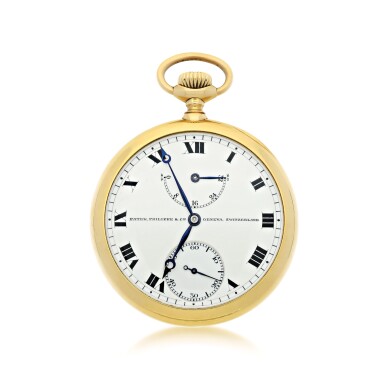 View full screen - View 1 of Lot 39. PATEK PHILIPPE | RETAILED BY HENRY OEMISCH & CO.: A YELLOW GOLD OPEN FACED WATCH WITH UP/DOWN INDICATION, MADE IN 1912 .