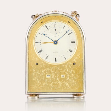 View full screen - View 1 of Lot 54. A very rare and exceptionally fine silver humpback Pendule Portique grande and petite sonnnerie carillon clock with alarm, day/date indication and ruby duplex escapement .