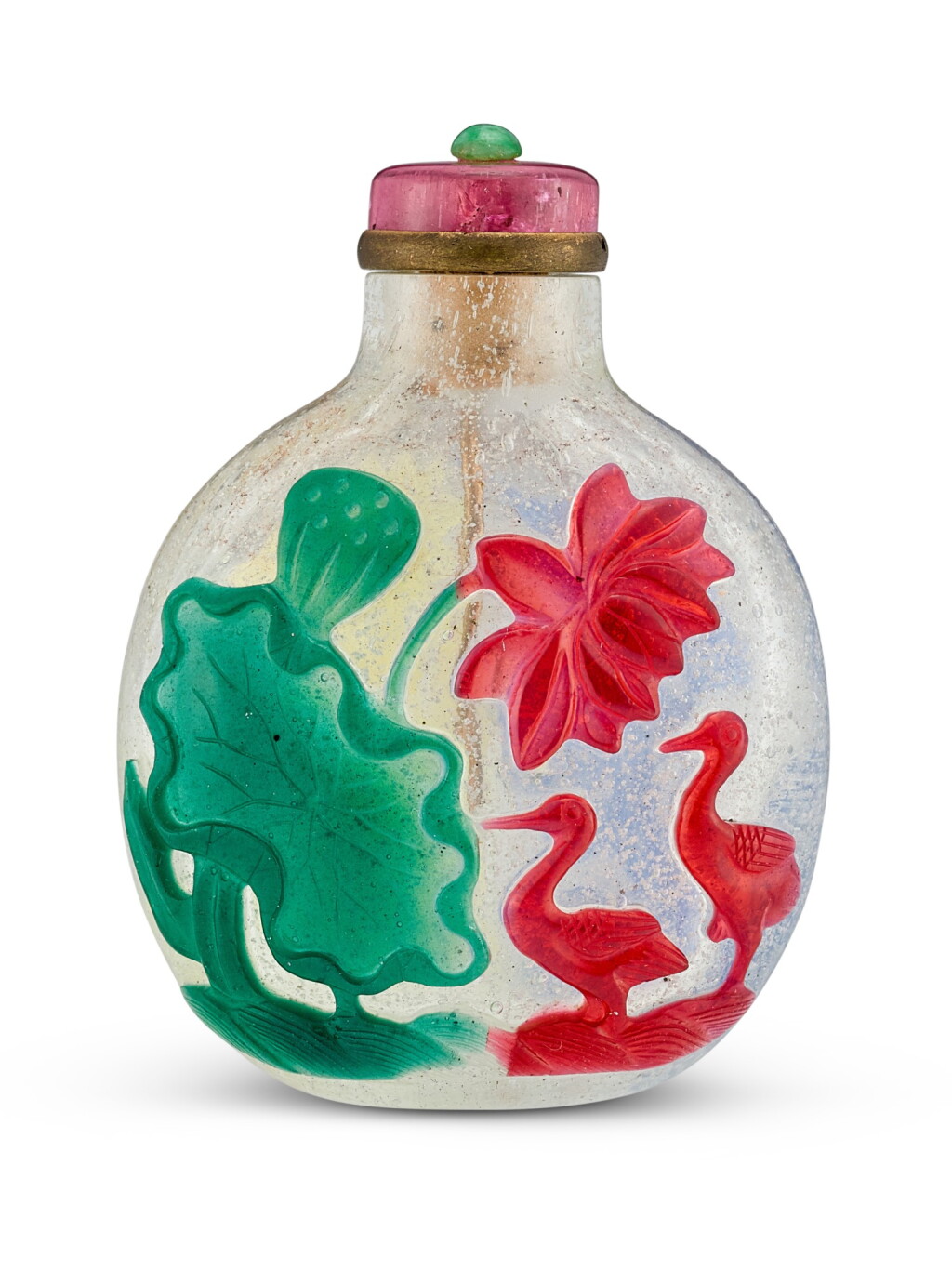 View full screen - View 1 of Lot 1807. A four-colour overlay glass 'flower and egrets' snuff bottle Qing dynasty, 18th – 19th century | 清十八至十九世紀 珍珠地套四色料花卉鷺鷥鼻煙壺.
