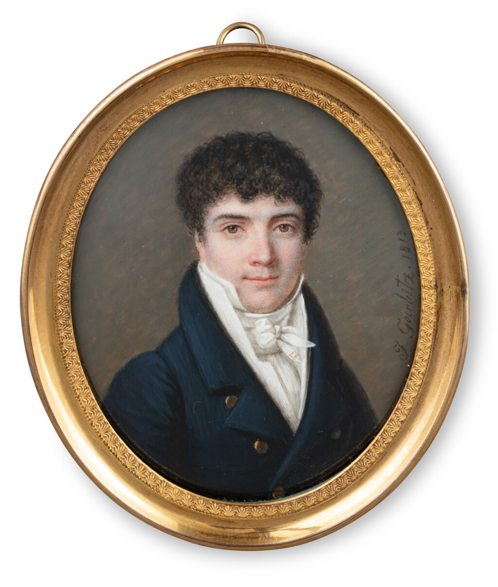 View full screen - View 1 of Lot 87. A French oval miniature on ivory representing a young man, probably Ernest Blondy, Johan Goerbitz, Paris, dated 1813 | Miniature ovale sur ivoire représentant un jeune homme, peut-être Ernest Blondy, par Johan Goerbitz, Paris, datée 1813.