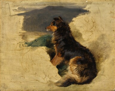 View full screen - View 1 of Lot 37. SIR EDWIN HENRY LANDSEER, R.A. | Study of a Scotch Collie (recto); Study of William Russell with a falcon and a hound (verso) | 艾德文・亨利・蘭希爾爵士,R.A. | 《蘇格蘭牧羊犬(習作)》(正面);《威廉・羅素與獵鷹和狗(習作)》(背面) .
