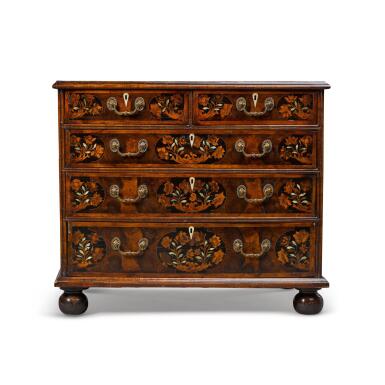 View full screen - View 1 of Lot 15. A William and Mary style oyster veneered walnut and marquetry chest of drawers, parts 17th century.