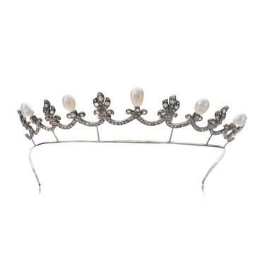 View full screen - View 1 of Lot 376. Natural pearl and diamond tiara.