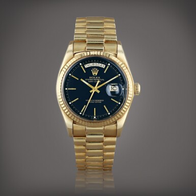 View full screen - View 1 of Lot 655. Day-Date, reference 1803 Montre bracelet en or jaune avec jour et date | Yellow gold wristwatch with day, date and bracelet Vers 1975 | Circa 1975.