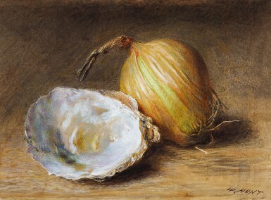 View full screen - View 1 of Lot 12. An oyster shell and an onion.