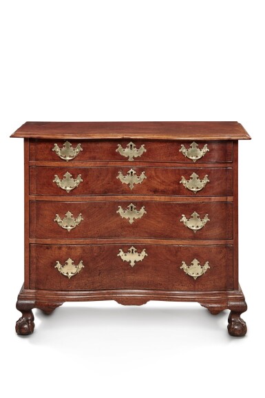 View full screen - View 1 of Lot 1121. Very Fine and Rare Chippendale Carved and Figured Mahogany Blocked-End Reverse-Serpentine Chest of Drawers, Boston, Massachusetts, Circa 1770.