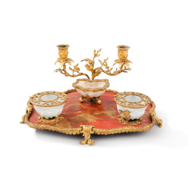 View full screen - View 1 of Lot 215. A Louis XV gilt-bronze mounted Chinese lacquer, blanc de Chine, cracked celadon ink stand, circa 1740 | Encrier en laque de Chine, blanc de Chine, céladon craquelé et bronze doré d'époque Louis XV, vers 1740.