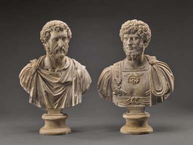 View full screen - View 1 of Lot 246. Pair of Monumental Busts of the Roman Emperors Lucius Verus and Antoninus Pius .