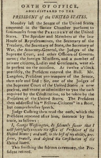 View full screen - View 1 of Lot 107. (WASHINGTON, GEORGE) | George Washington's Second Presidential Inauguration reported in the Gazette of the United States, Vol. IV, No. 80 (Whole No. 402). Philadelphia: Published by John Fenno, Wednesday, March 6, 1793.