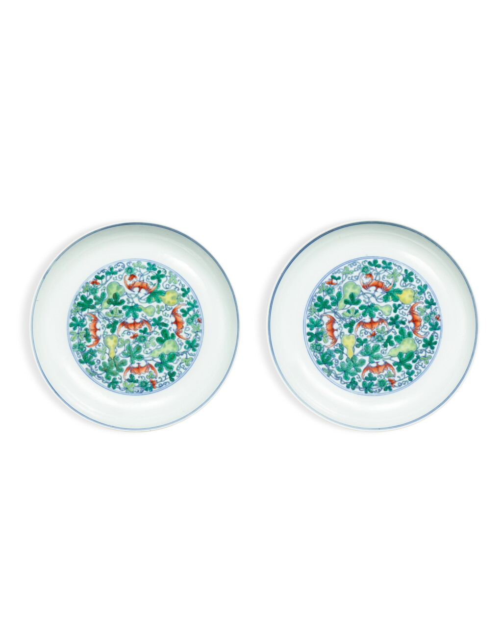 View full screen - View 1 of Lot 6050. A fine pair of doucai 'bats and gourds’ dishes, Marks and period of Yongzheng | 清雍正 鬪彩瓜瓞綿綿五蝠紋盤一對 《大清雍正年製》款.