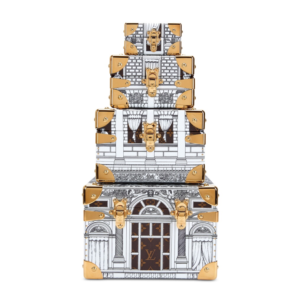 View full screen - View 1 of Lot 6164. X Fornasetti Limited Edition Black, White and Brown Monogram Coated Canvas Malle Pyramind Architettura Trunks Gold Hardware.