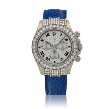 View full screen - View 1 of Lot 66. Daytona, Ref. 116599, White gold and diamond-set chronograph wristwatch Circa 2001 | 勞力士 | 116599型號「Daytona」白金鑲鑽石計時腕錶,約2001年製.