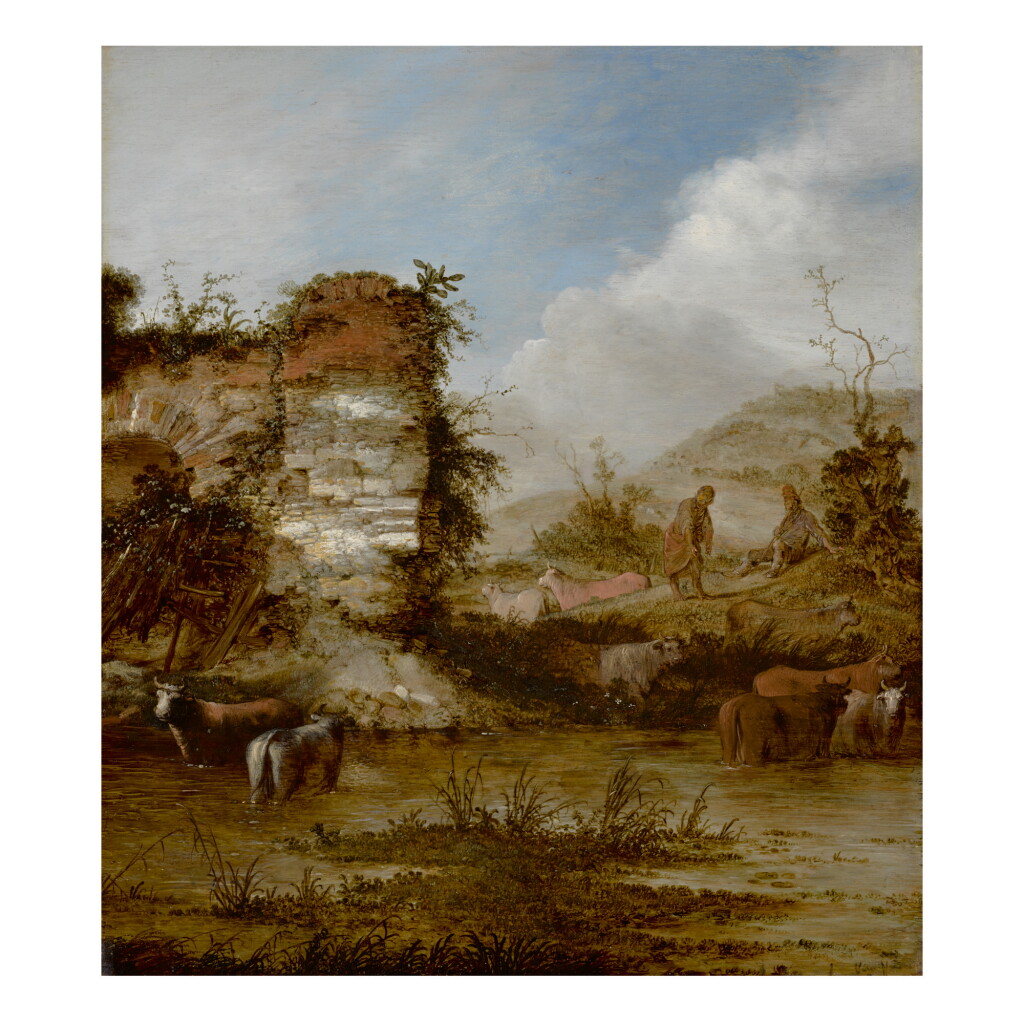 View full screen - View 1 of Lot 95. JACOB SIBRANDI MANCADAN | RIVER LANDSCAPE WITH CATTLE WATERING AND HERDSMEN RESTING ON THE BANK.