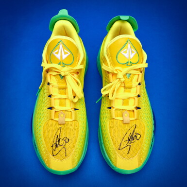 View full screen - View 1 of Lot 34. Stephen Curry 2025-2026 Warm Up and Game Worn Dual-Signed and Inscribed Li-Ning Jimmy Butler 3 'Samba Dancer' | Double-Double.