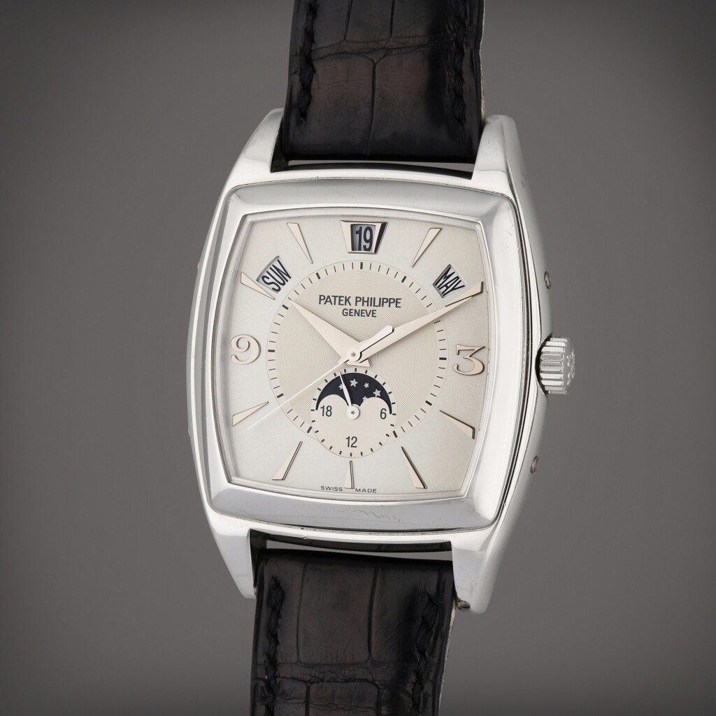 View full screen - View 1 of Lot 13. Reference 5135-001 Gondolo | A white gold rectangular automatic annual calendar wristwatch with moon phases, Circa 2005.