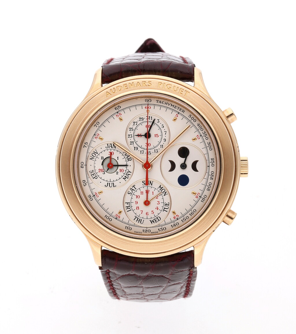 View full screen - View 1 of Lot 234. Reference 25965OR Jules Audemars | A pink gold automatic perpetual calendar chronograph wristwatch, Circa 1990.