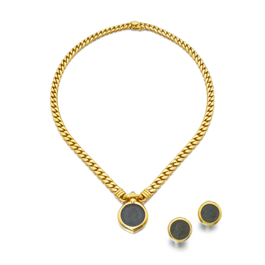 View full screen - View 1 of Lot 708. Gold, ancient coin and sapphire demi-parure, ‘Monete’.