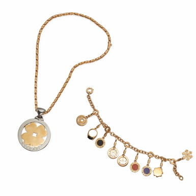 View full screen - View 1 of Lot 325. Bulgari | Gold, Diamond and Hardstone Charm Bracelet and Gold Pendant-Necklace.