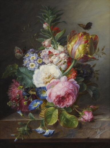 View full screen - View 1 of Lot 734. Cornelis van Spaendonck | A STILL LIFE OF A PARROT TULIP, ROSES AND OTHER FLOWERS IN A BASKET, ON A MARBLE LEDGE.