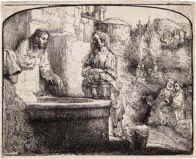 View full screen - View 1 of Lot 103. Christ and the Woman of Samaria: An Arched Print (B., Holl. 70; New Holl. 302; H. 294).