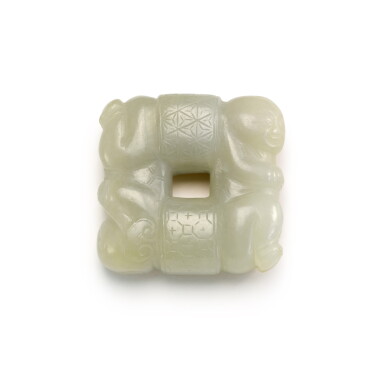 View full screen - View 1 of Lot 228. A YELLOWISH JADE 'BOYS' GROUP, MING DYNASTY | 明 青玉和合二仙把件.