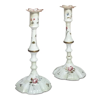 View full screen - View 1 of Lot 1802. JACQUELINE KENNEDY ONASSIS: A PAIR OF ENGLISH ENAMEL CANDLESTICKS, SOUTH STAFFORDSHIRE, LATE 18TH CENTURY.