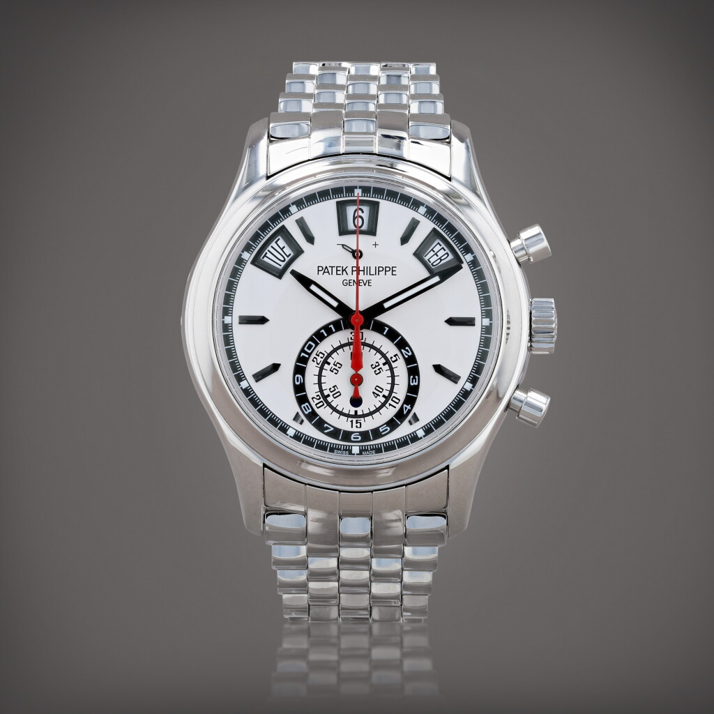全萤幕检视 - 查看357Reference 5960/1A-001 Montre bracelet chronographe flyback à quantième annuel en acier avec indicateur de réserve de marche et indicateur jour/nuit | Stainless steel flyback chronograph annual calendar wristwatch with power reserve, day/night indication and bracelet Vers 2017 | Circa 2017的1