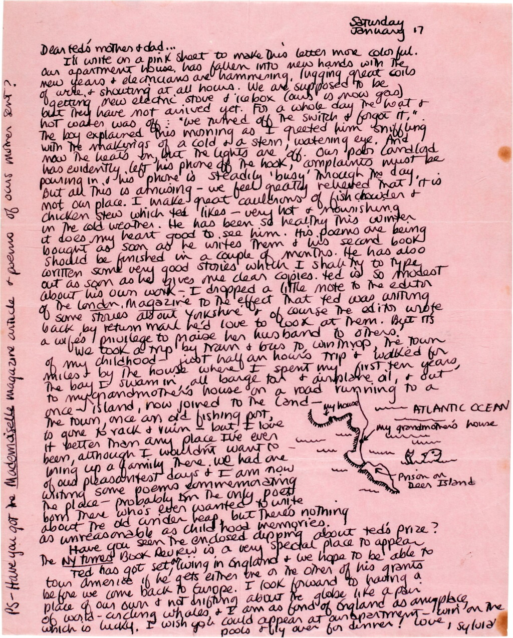 View full screen - View 1 of Lot 34. Sylvia Plath | Autograph letter signed, to Edith & William Hughes, visiting "the town of my childhood", 17 January 1959.