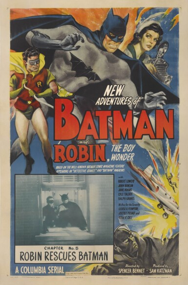 View full screen - View 1 of Lot 176. BATMAN AND ROBIN (1949) CHAPTER 5, ROBIN RESCUES BATMAN POSTER, US.