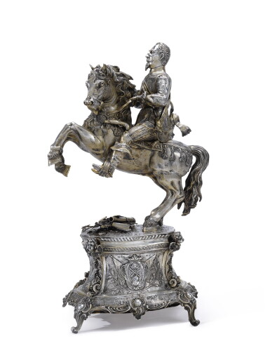 View full screen - View 1 of Lot 316. A LARGE GERMAN SILVER-GILT EQUESTRIAN FIGURE OF GUSTAVUS ADOLPHUS OF SWEDEN, HANAU, LATE 19TH CENTURY.