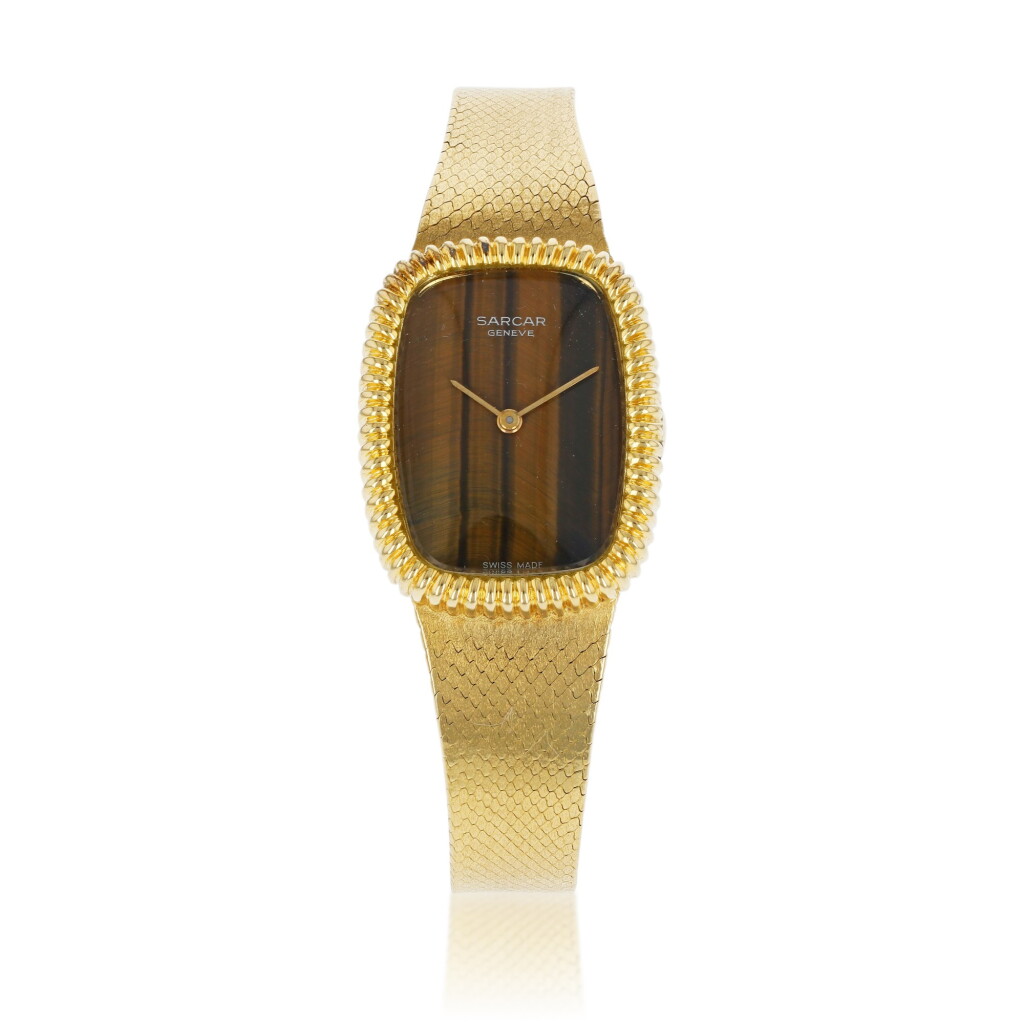 View full screen - View 1 of Lot 452. Sarcar | Montre bracelet de dame œil-de-tigre et or | Lady's tiger's eye and gold bracelet watch.