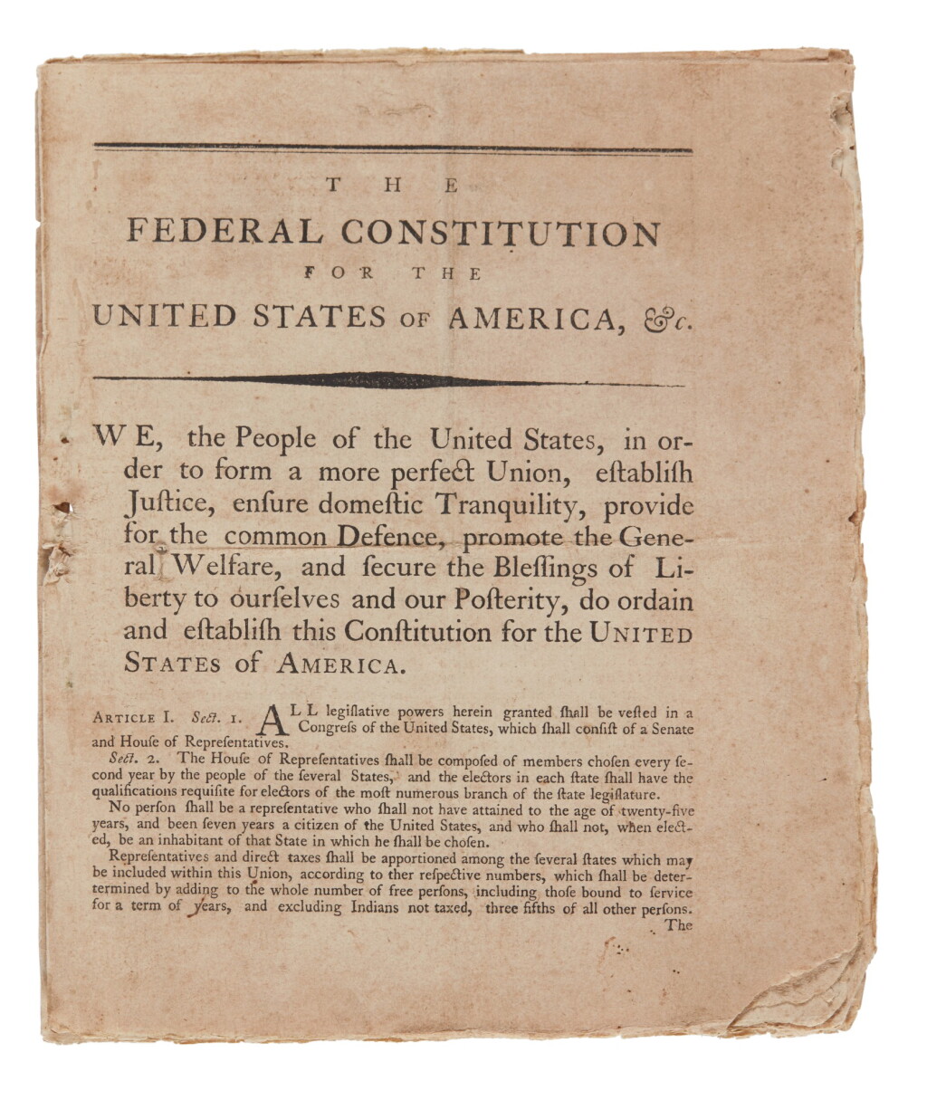 View full screen - View 1 of Lot 60. United States Constitution | The earliest surviving printing of the Constitution in Virginia.