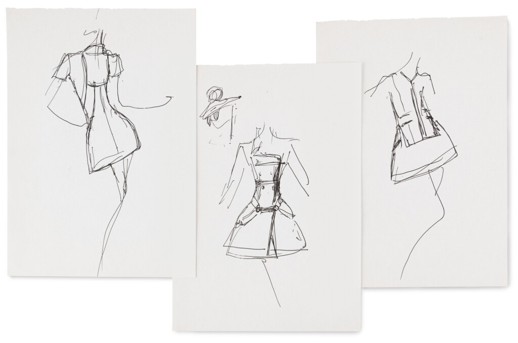 View full screen - View 1 of Lot 18. Three original sketches for fashion Trois croquis de mode originaux.