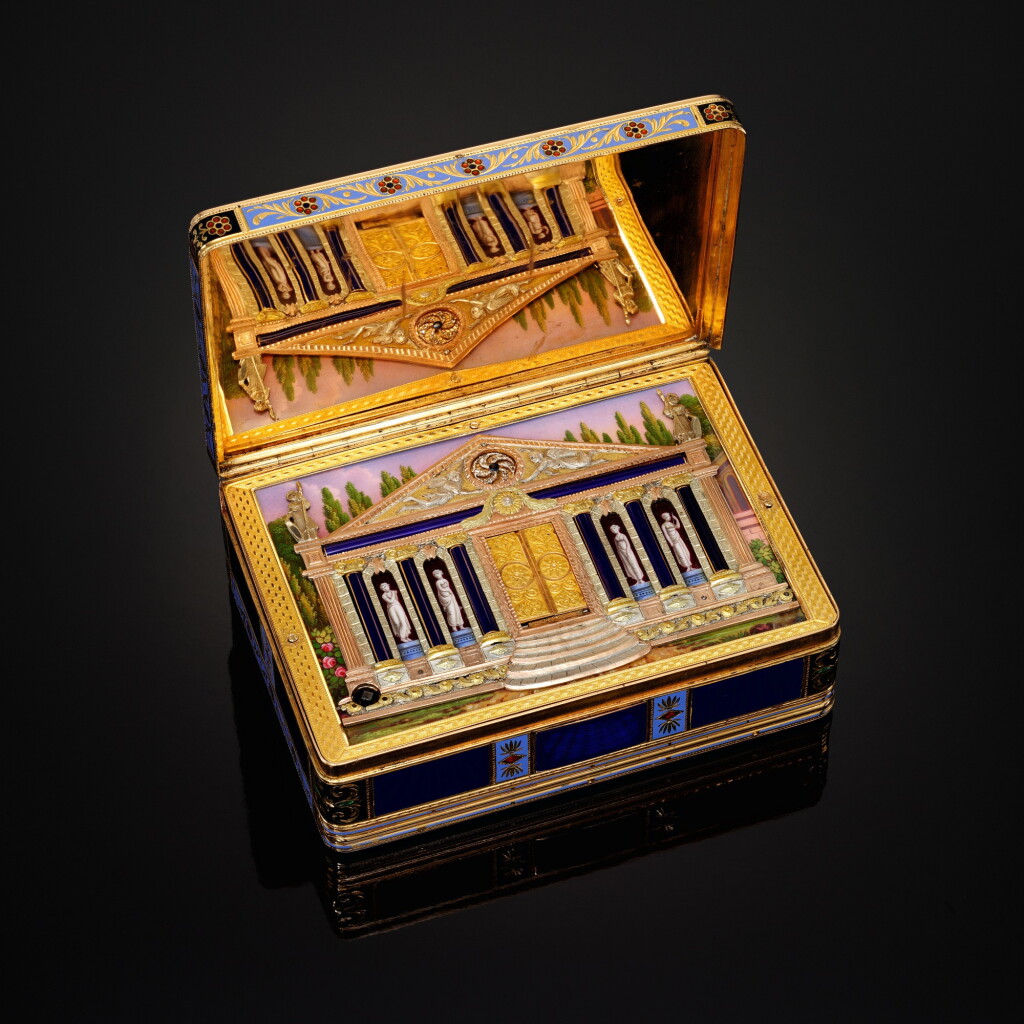 View full screen - View 1 of Lot 1528. A rare pearl-set four-coloured gold and enamel musical 'temple' automaton snuff box, Geneva, circa 1810/15.