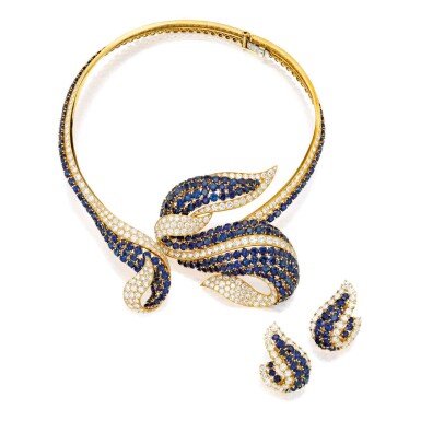 View full screen - View 1 of Lot 82. M. Gérard | Sapphire and Diamond Necklace and Pair of Earclips, France [藍寶石配鑽石項鏈及耳環一對.