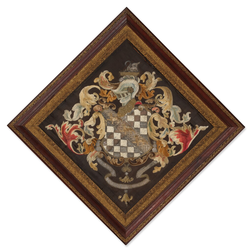 View full screen - View 1 of Lot 837. The Chandler Family Embroidered Silk Coat of Arms, worked by Lucretia Chandler, Boston, Massachusetts, circa 1760-1780.