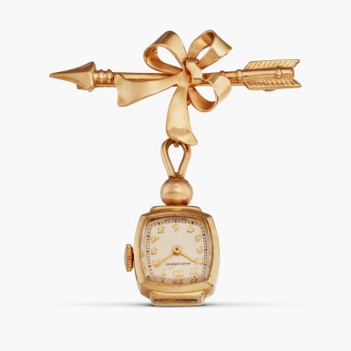 View full screen - View 1 of Lot 117. A miniature pink gold open-faced keyless lapel pin watch, Circa 1935.