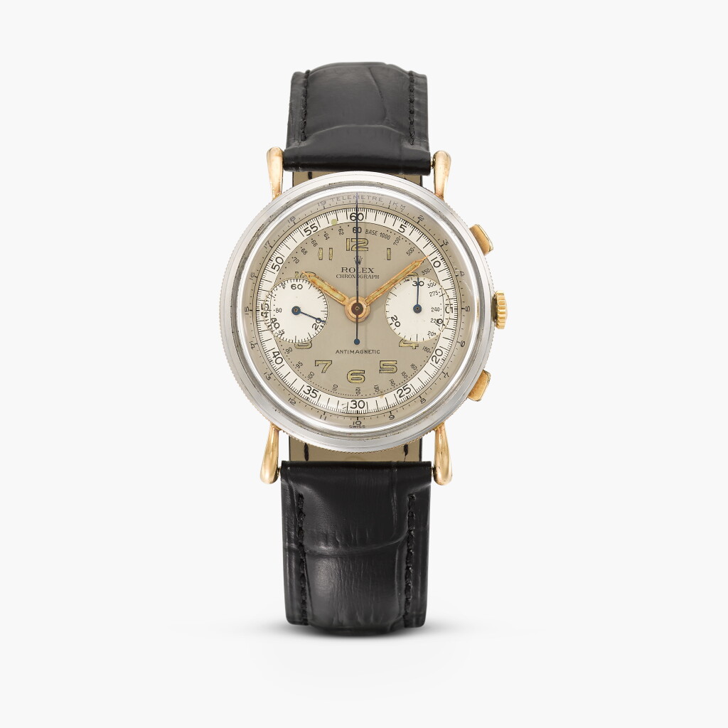 View full screen - View 1 of Lot 25. Reference 4062 | A stainless steel and pink gold chronograph wristwatch | Circa 1947.