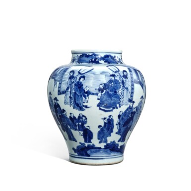 View full screen - View 1 of Lot 3352. A blue and white 'figure' jar, Qing dynasty, Kangxi period | 清康熙 青花人物故事圖罐.