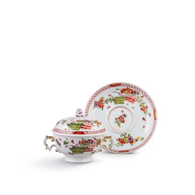 View full screen - View 1 of Lot 321. A Meissen porcelain two-handled circular écuelle, cover, and stand, circa 1735.