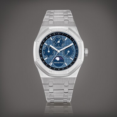 View full screen - View 1 of Lot 2201. Royal Oak Quantieme Perpetuel, Reference 26574ST.OO.1220ST.03 | A stainless steel perpetual calendar bracelet watch with day, date, aventurine moon phases, 52 weeks and leap year indication, Circa 2021 | 愛彼 | 皇家橡樹系列 Quantieme Perpetuel 型號26574ST.OO.1220ST.03 | 精鋼萬年曆鏈帶腕錶,備日期、星期、砂金石月相、52週及閏年顯示,約2021年製.
