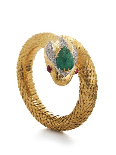 View full screen - View 1 of Lot 20. DAVID WEBB | GOLD, EMERALD, RUBY AND DIAMOND 'SNAKE CHARMER' BRACELET.