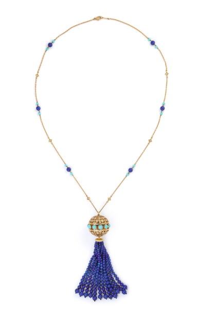 View full screen - View 1 of Lot 48. PALOMA PICASSO FOR TIFFANY & CO. | GOLD, LAPIS LAZULI, TURQUOISE AND DIAMOND 'TASSEL' NECKLACE.