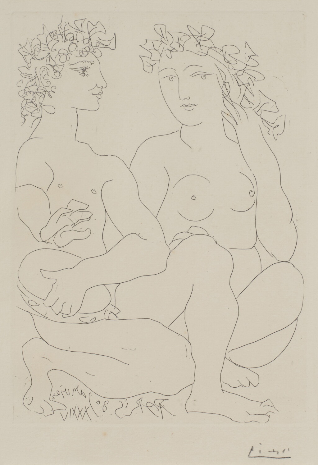 View full screen - View 1 of Lot 67. Jeune bacchus au tambourin avec une bacchante, from the Vollard suite (Bloch 212; Baer 411).