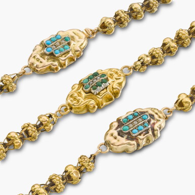 View full screen - View 1 of Lot 172. Pair of Turquoise and Gold Chains.
